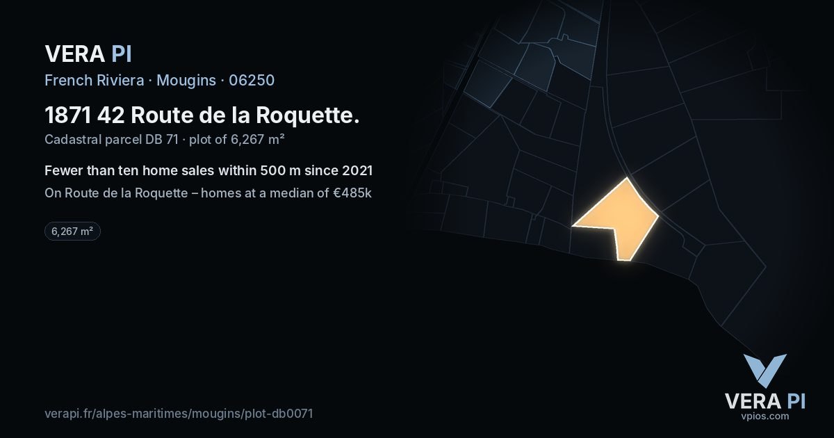 1871 42 Route de la Roquette, Mougins at night – the plot lit, the parcels around coloured by the prices near them