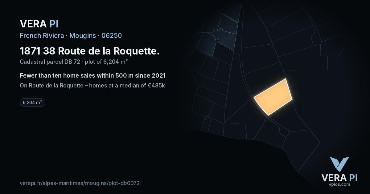1871 38 Route de la Roquette, Mougins at night – the plot lit, the parcels around coloured by the prices near them