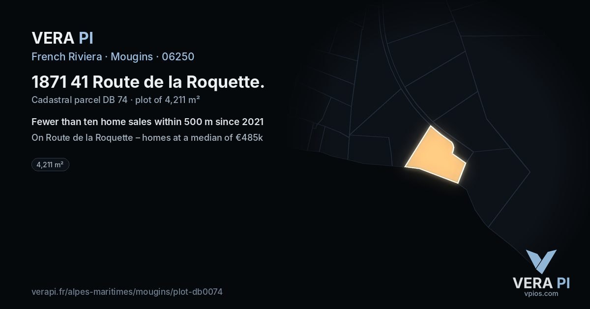 1871 41 Route de la Roquette, Mougins at night – the plot lit, the parcels around coloured by the prices near them