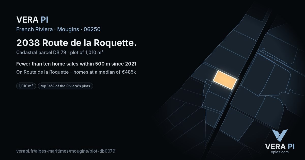 2038 Route de la Roquette, Mougins at night – the plot lit, the parcels around coloured by the prices near them