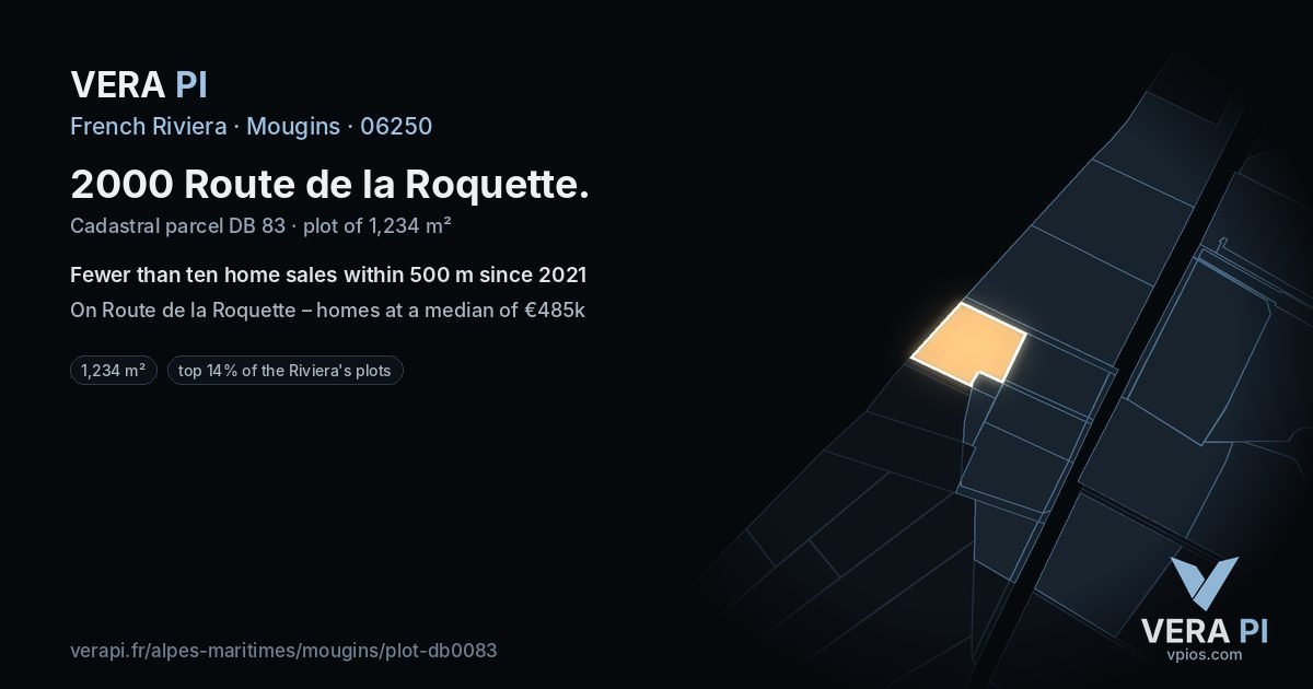 2000 Route de la Roquette, Mougins at night – the plot lit, the parcels around coloured by the prices near them