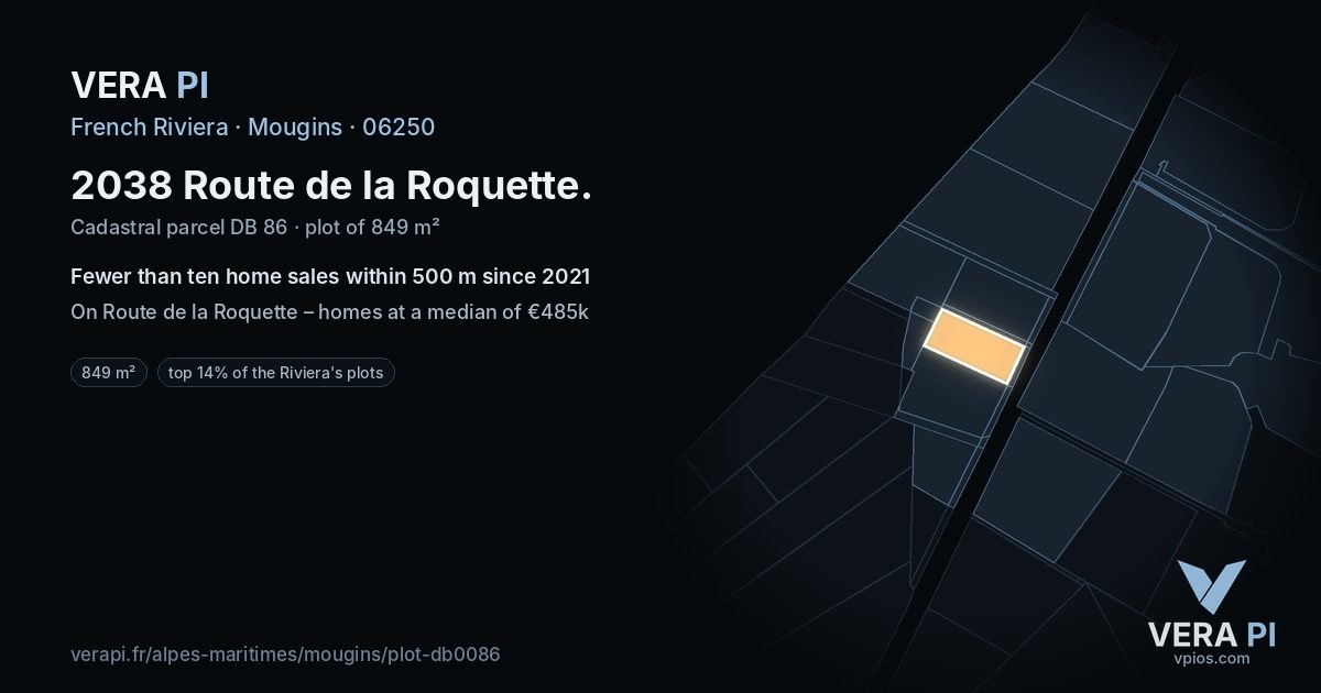 2038 Route de la Roquette, Mougins at night – the plot lit, the parcels around coloured by the prices near them