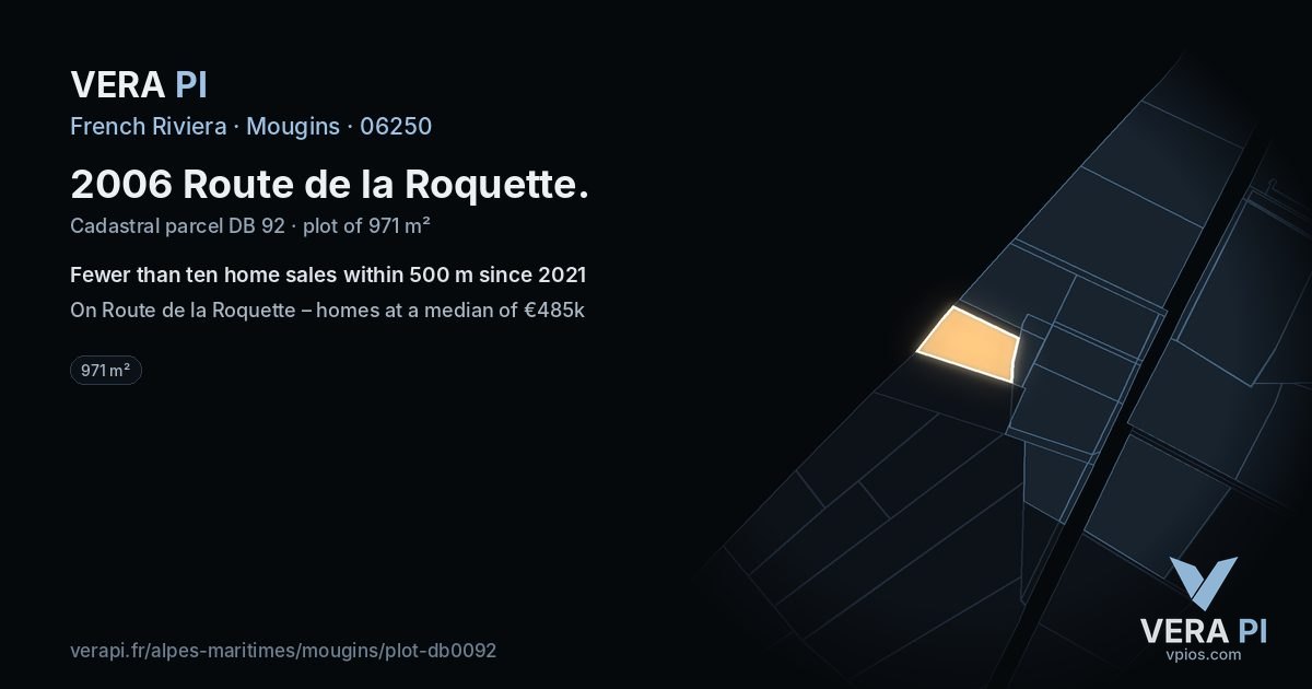 2006 Route de la Roquette, Mougins at night – the plot lit, the parcels around coloured by the prices near them