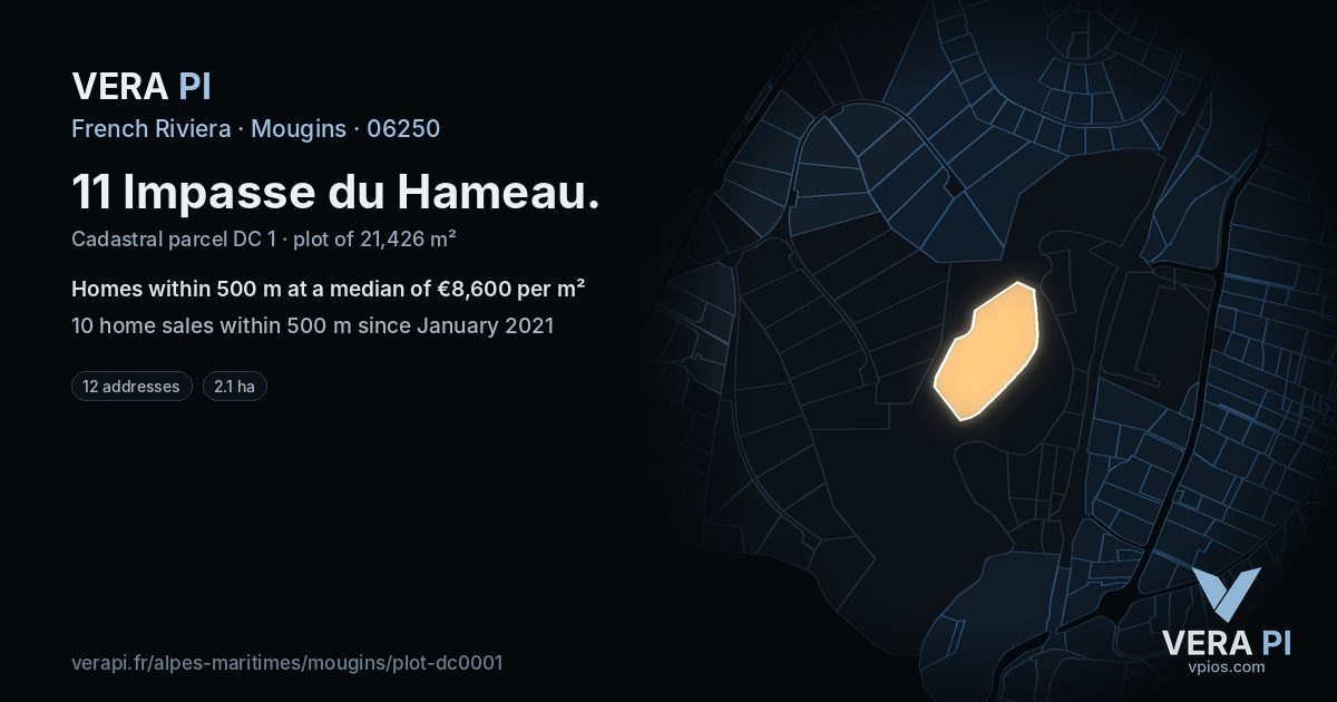 11 Impasse du Hameau, Mougins at night – the plot lit, the parcels around coloured by the prices near them