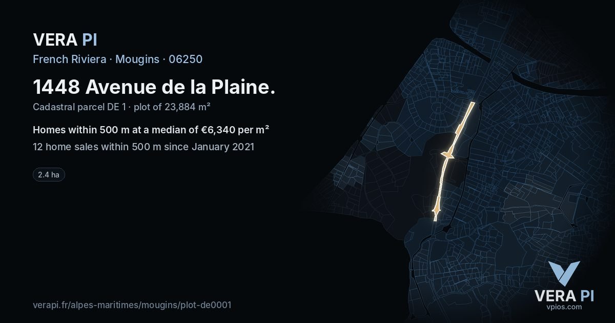 1448 Avenue de la Plaine, Mougins at night – the plot lit, the parcels around coloured by the prices near them