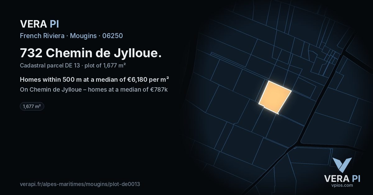732 Chemin de Jylloue, Mougins at night – the plot lit, the parcels around coloured by the prices near them