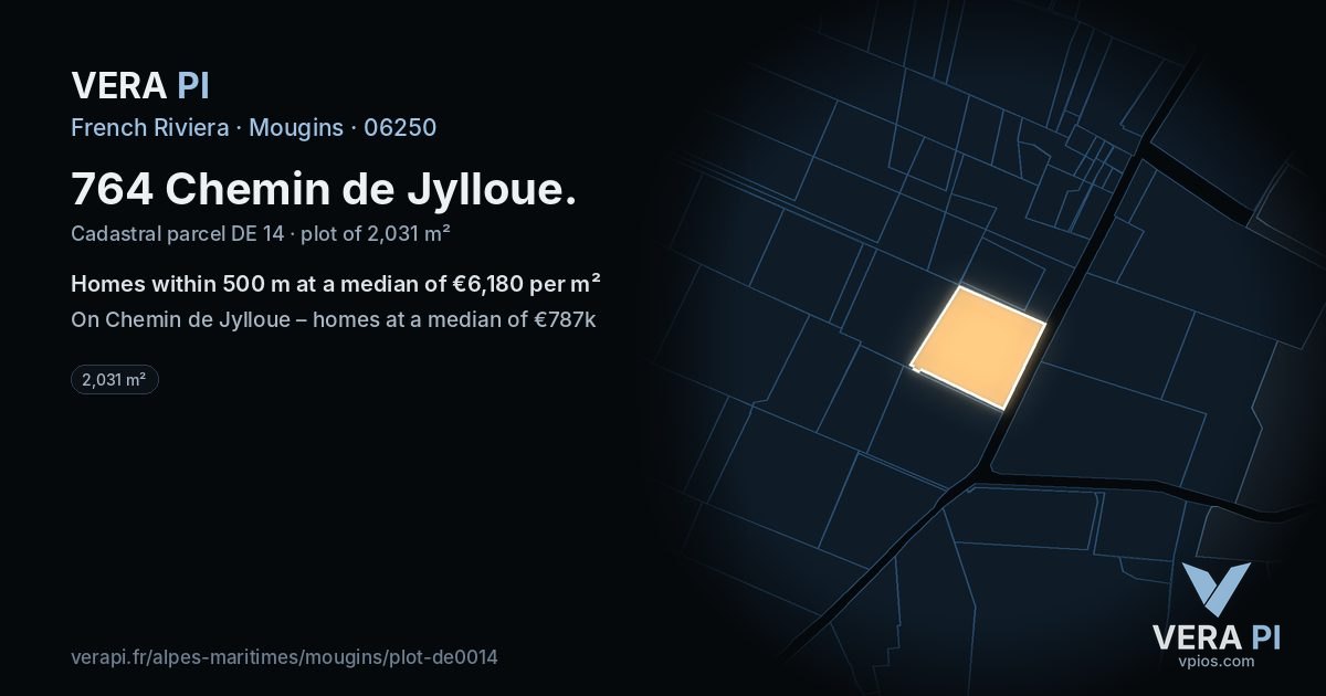 764 Chemin de Jylloue, Mougins at night – the plot lit, the parcels around coloured by the prices near them