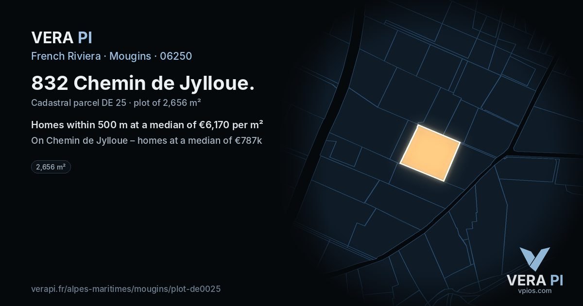 832 Chemin de Jylloue, Mougins at night – the plot lit, the parcels around coloured by the prices near them