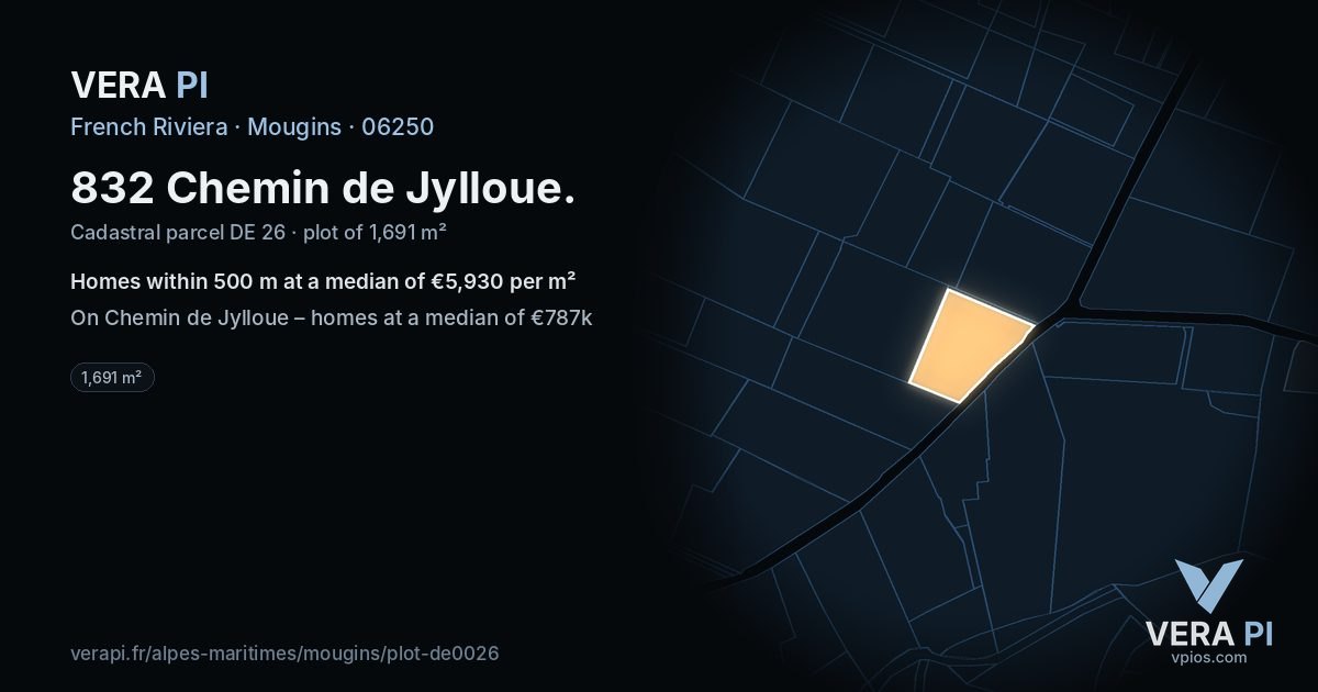 832 Chemin de Jylloue, Mougins at night – the plot lit, the parcels around coloured by the prices near them