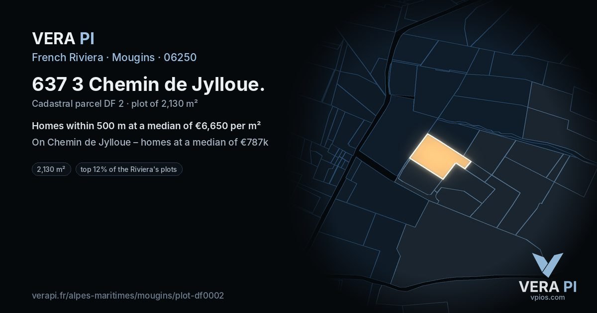 637 3 Chemin de Jylloue, Mougins at night – the plot lit, the parcels around coloured by the prices near them