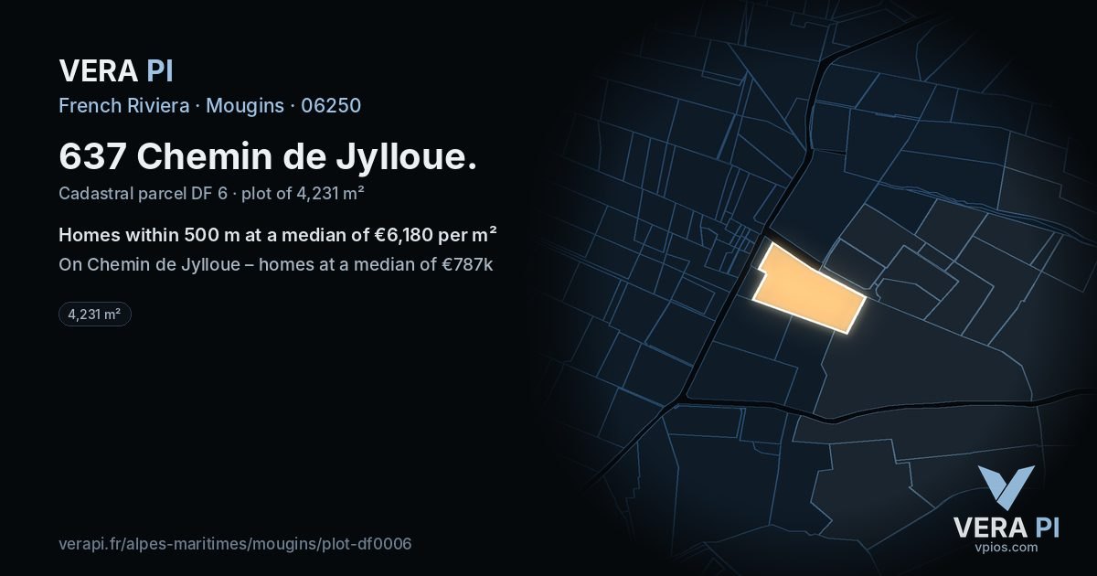 637 Chemin de Jylloue, Mougins at night – the plot lit, the parcels around coloured by the prices near them