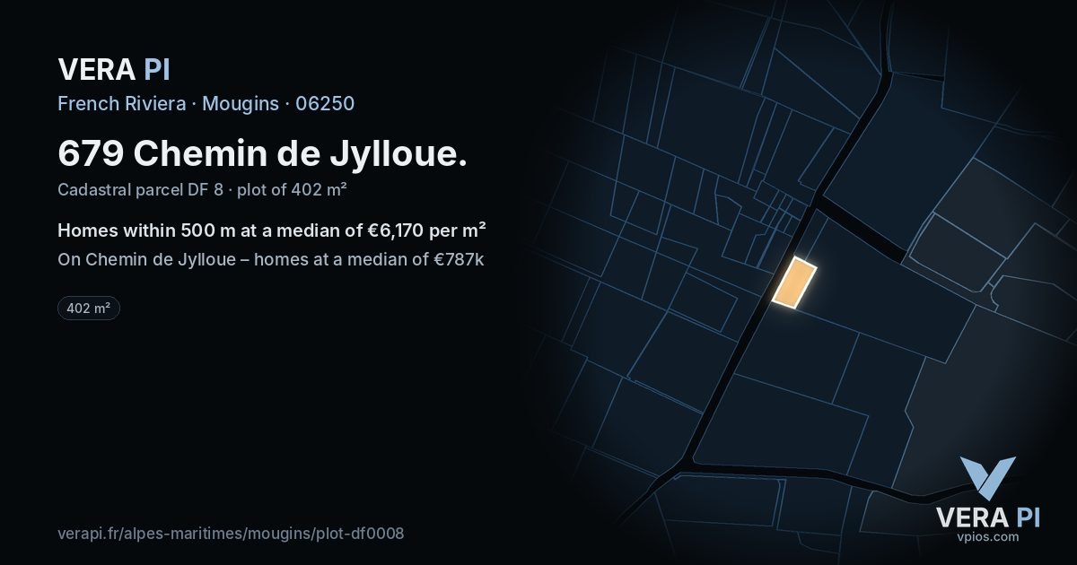679 Chemin de Jylloue, Mougins at night – the plot lit, the parcels around coloured by the prices near them