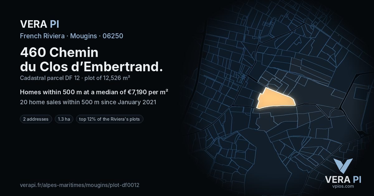 460 Chemin du Clos d’Embertrand, Mougins at night – the plot lit, the parcels around coloured by the prices near them
