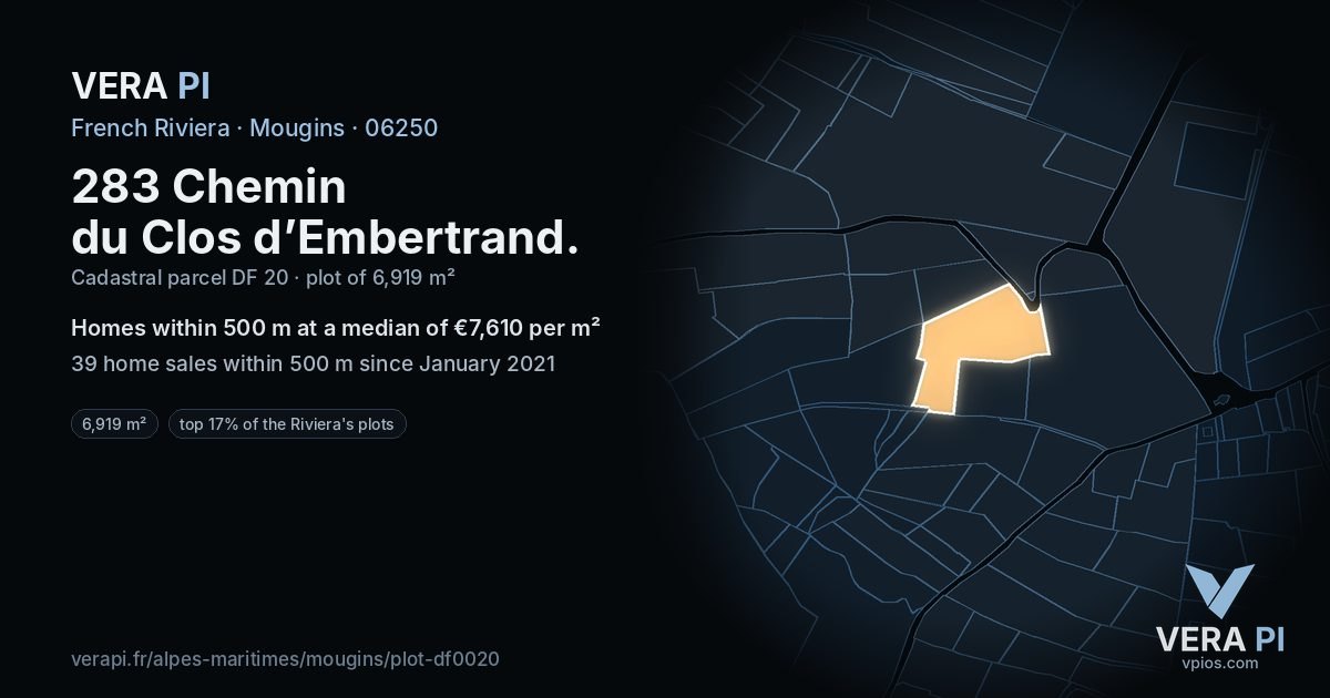 283 Chemin du Clos d’Embertrand, Mougins at night – the plot lit, the parcels around coloured by the prices near them