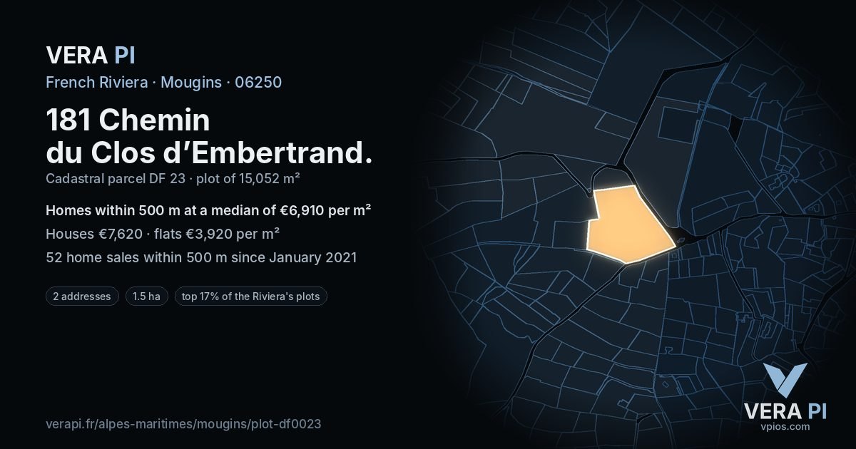 181 Chemin du Clos d’Embertrand, Mougins at night – the plot lit, the parcels around coloured by the prices near them