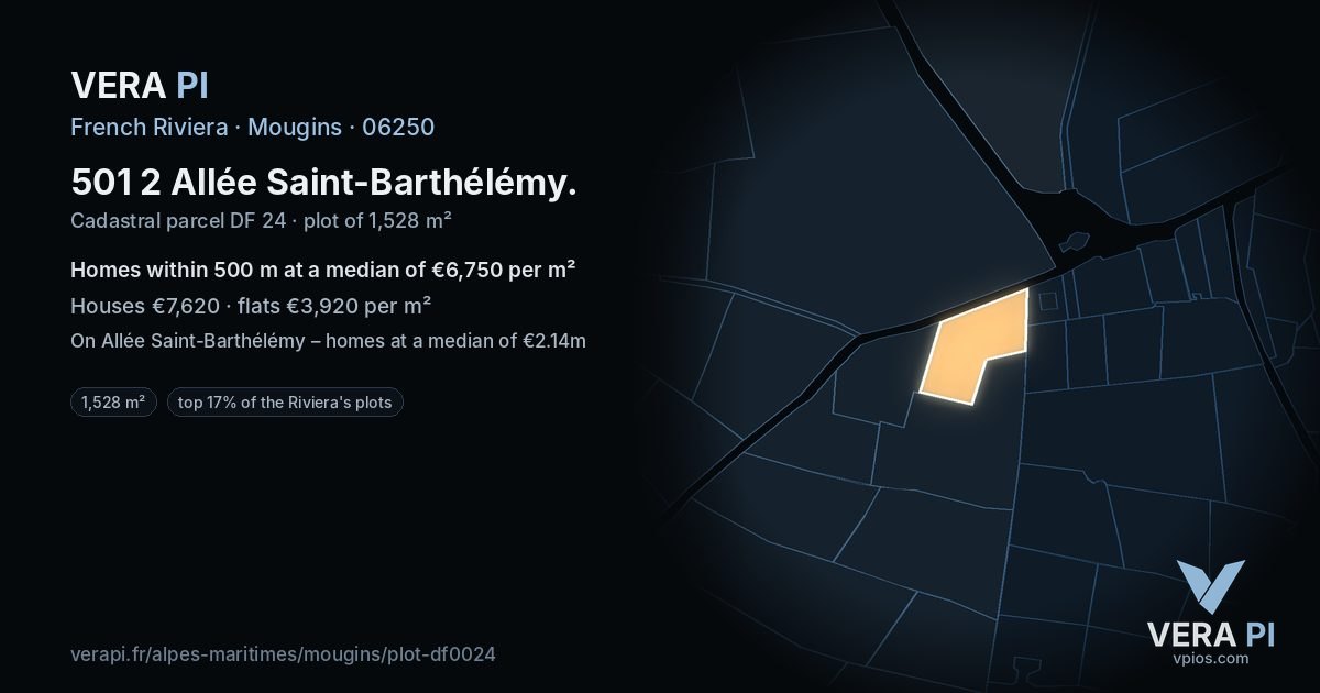 501 2 Allée Saint-Barthélémy, Mougins at night – the plot lit, the parcels around coloured by the prices near them