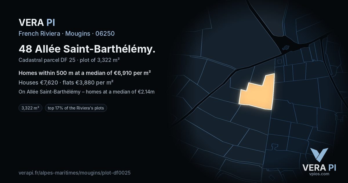 48 Allée Saint-Barthélémy, Mougins at night – the plot lit, the parcels around coloured by the prices near them