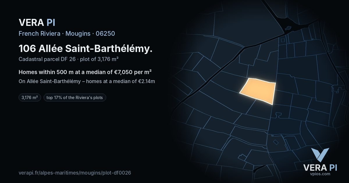 106 Allée Saint-Barthélémy, Mougins at night – the plot lit, the parcels around coloured by the prices near them