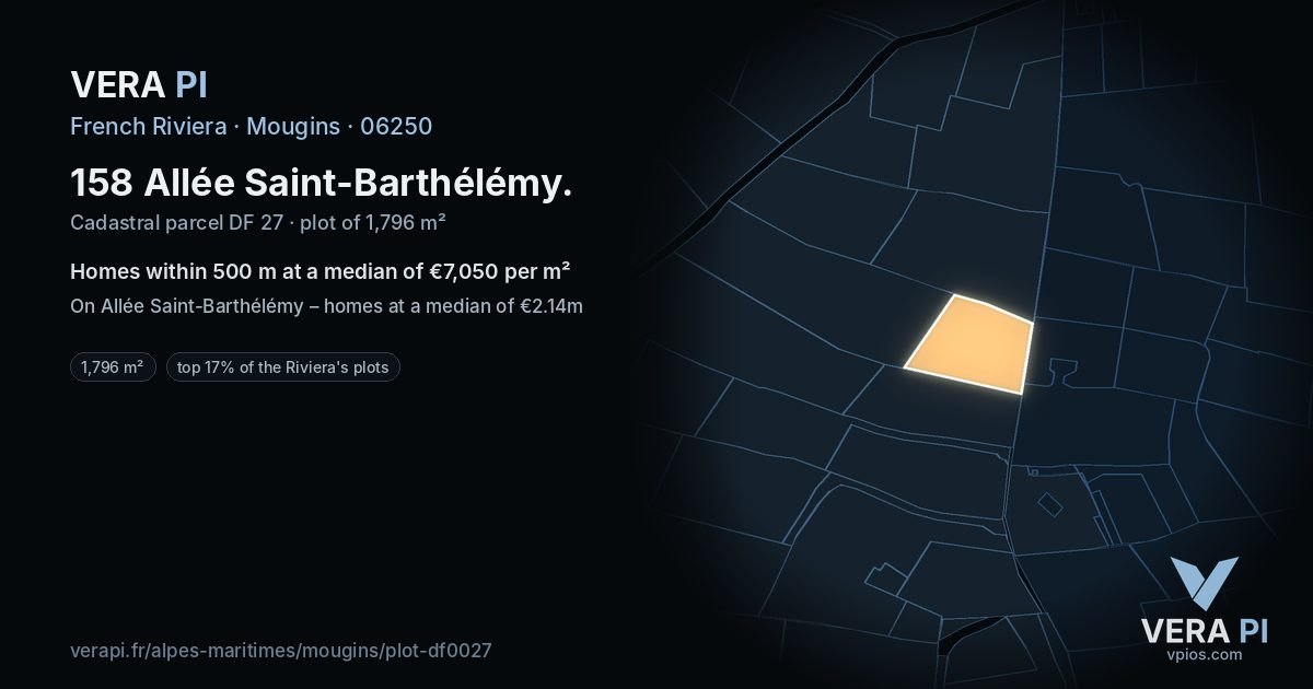 158 Allée Saint-Barthélémy, Mougins at night – the plot lit, the parcels around coloured by the prices near them