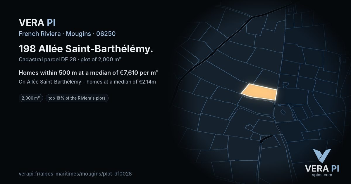 198 Allée Saint-Barthélémy, Mougins at night – the plot lit, the parcels around coloured by the prices near them