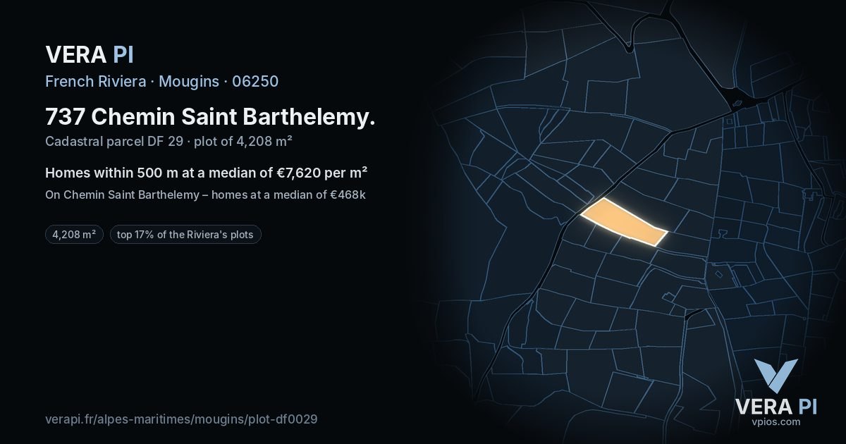 737 Chemin Saint Barthelemy, Mougins at night – the plot lit, the parcels around coloured by the prices near them