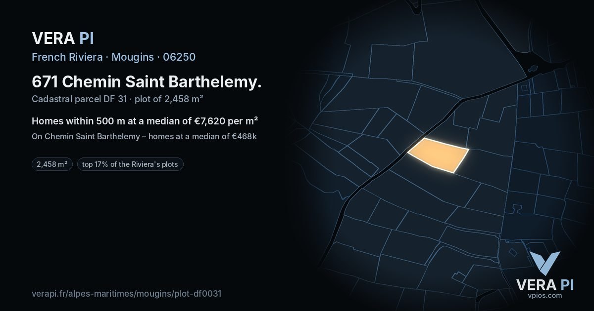 671 Chemin Saint Barthelemy, Mougins at night – the plot lit, the parcels around coloured by the prices near them