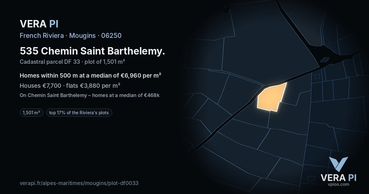535 Chemin Saint Barthelemy, Mougins at night – the plot lit, the parcels around coloured by the prices near them
