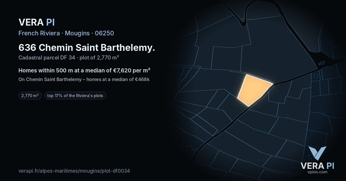 636 Chemin Saint Barthelemy, Mougins at night – the plot lit, the parcels around coloured by the prices near them