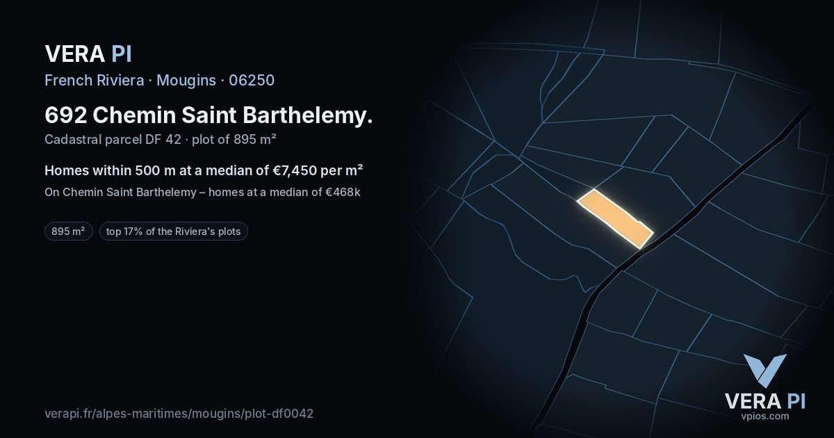 692 Chemin Saint Barthelemy, Mougins at night – the plot lit, the parcels around coloured by the prices near them