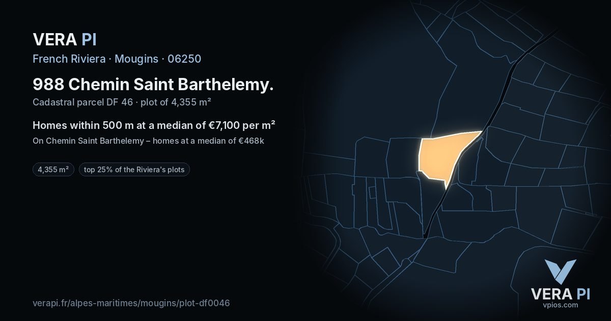 988 Chemin Saint Barthelemy, Mougins at night – the plot lit, the parcels around coloured by the prices near them