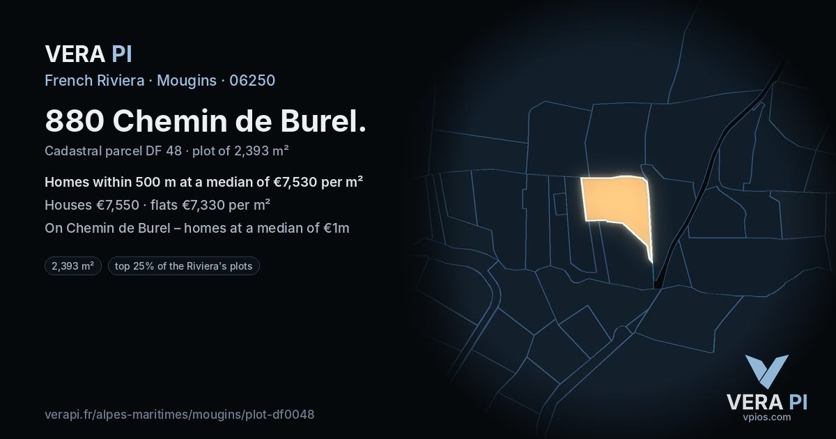 880 Chemin de Burel, Mougins at night – the plot lit, the parcels around coloured by the prices near them
