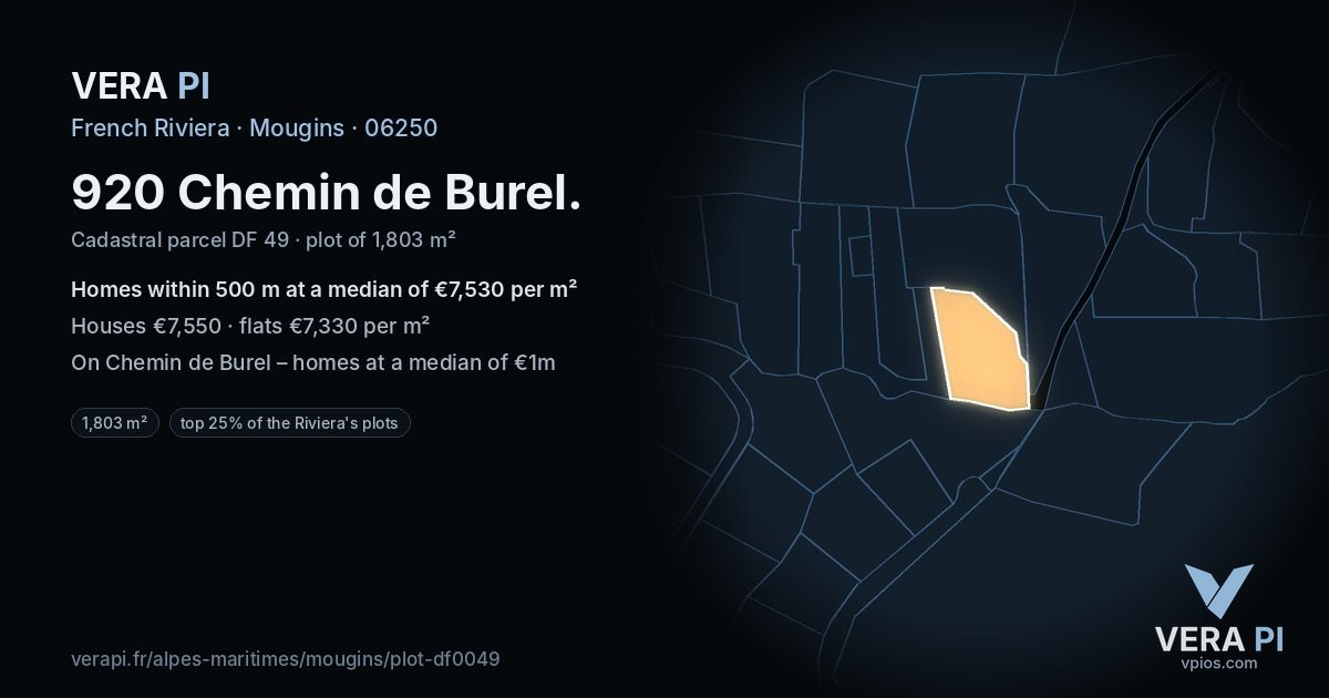 920 Chemin de Burel, Mougins at night – the plot lit, the parcels around coloured by the prices near them