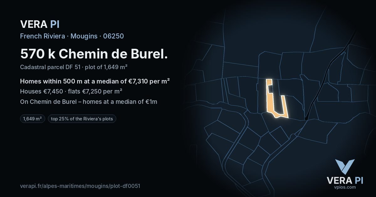 570 k Chemin de Burel, Mougins at night – the plot lit, the parcels around coloured by the prices near them