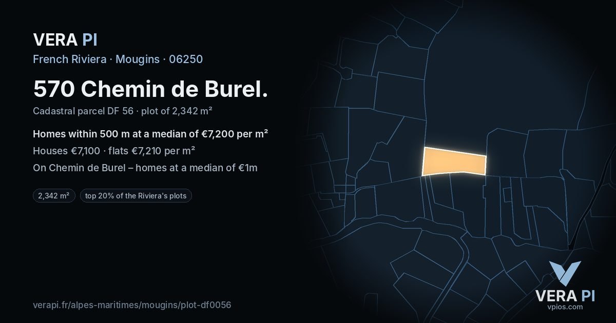 570 Chemin de Burel, Mougins at night – the plot lit, the parcels around coloured by the prices near them
