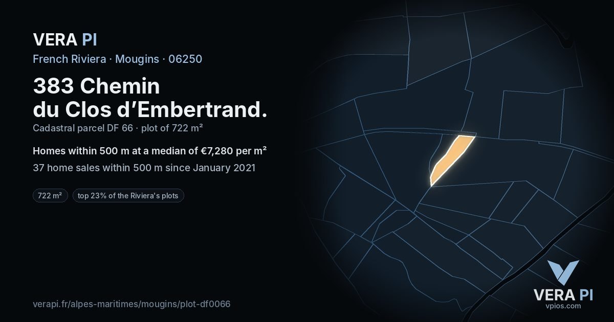 383 Chemin du Clos d’Embertrand, Mougins at night – the plot lit, the parcels around coloured by the prices near them