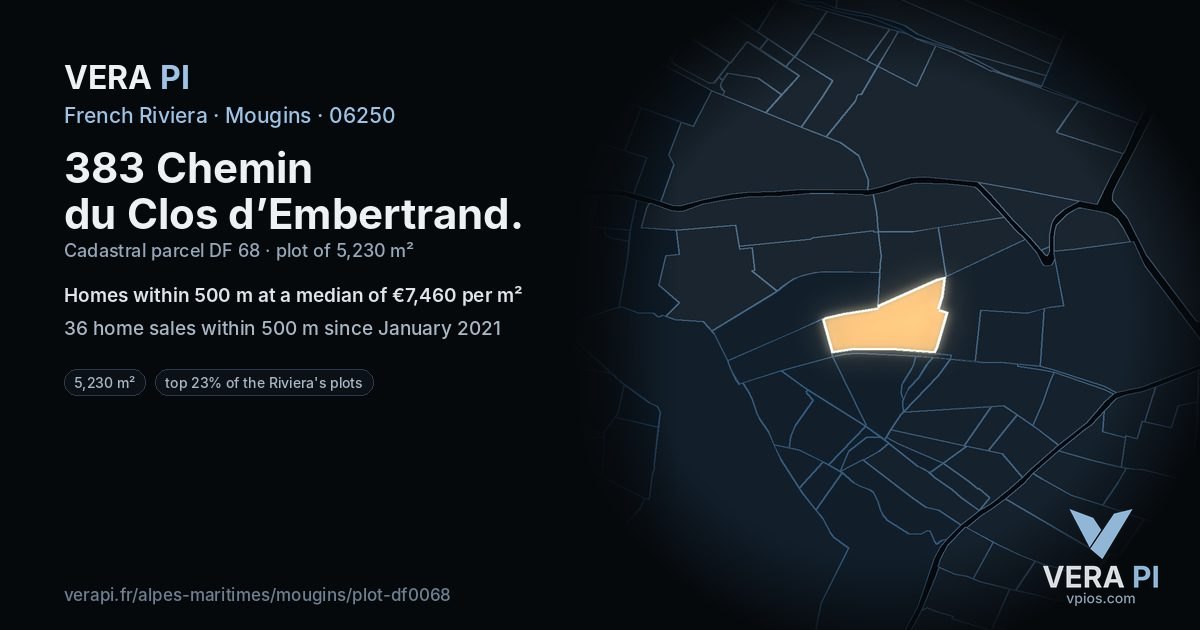 383 Chemin du Clos d’Embertrand, Mougins at night – the plot lit, the parcels around coloured by the prices near them