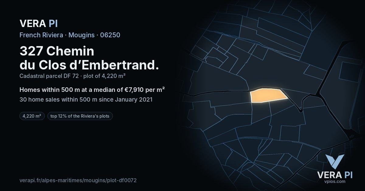 327 Chemin du Clos d’Embertrand, Mougins at night – the plot lit, the parcels around coloured by the prices near them