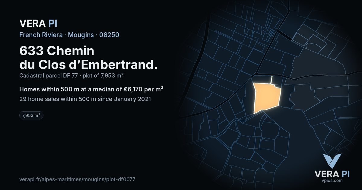 633 Chemin du Clos d’Embertrand, Mougins at night – the plot lit, the parcels around coloured by the prices near them