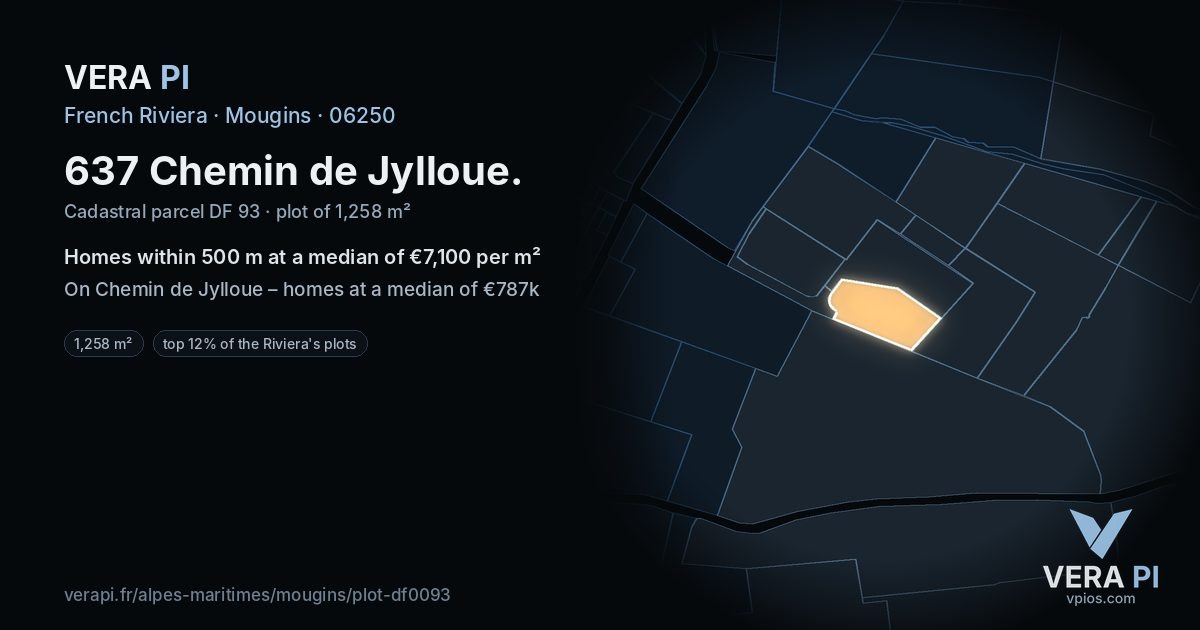 637 Chemin de Jylloue, Mougins at night – the plot lit, the parcels around coloured by the prices near them