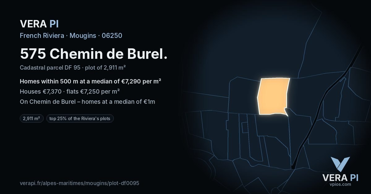 575 Chemin de Burel, Mougins at night – the plot lit, the parcels around coloured by the prices near them