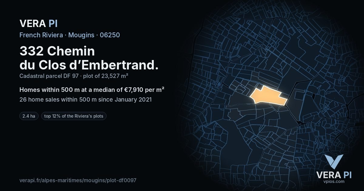 332 Chemin du Clos d’Embertrand, Mougins at night – the plot lit, the parcels around coloured by the prices near them