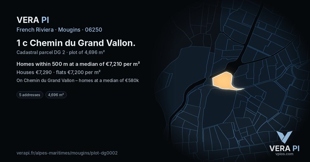 1 c Chemin du Grand Vallon, Mougins at night – the plot lit, the parcels around coloured by the prices near them
