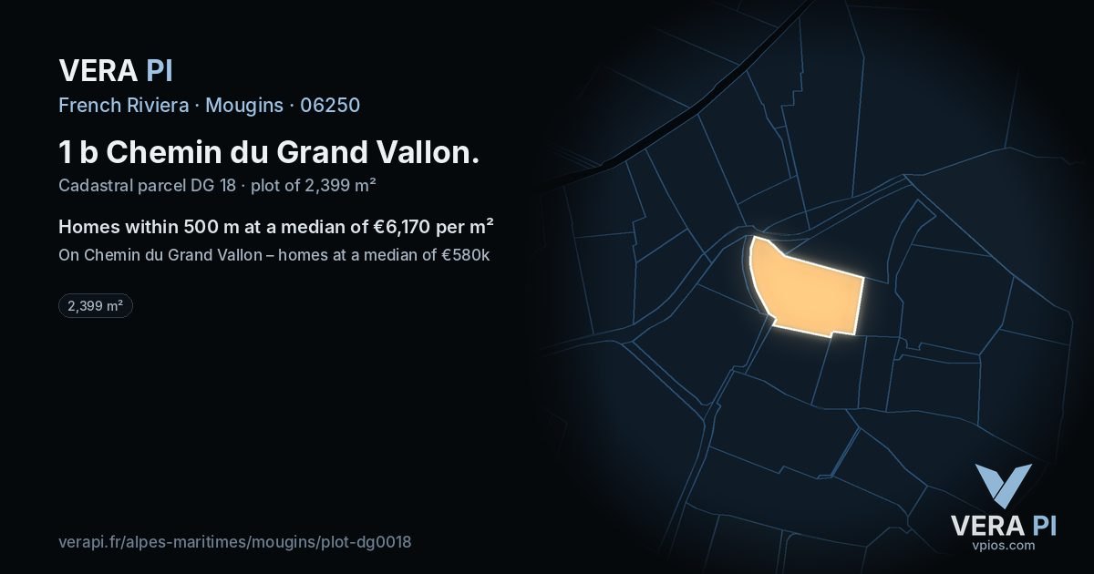 1 b Chemin du Grand Vallon, Mougins at night – the plot lit, the parcels around coloured by the prices near them