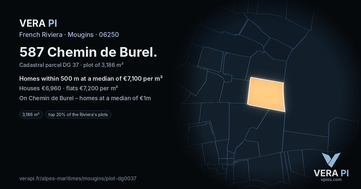 587 Chemin de Burel, Mougins at night – the plot lit, the parcels around coloured by the prices near them