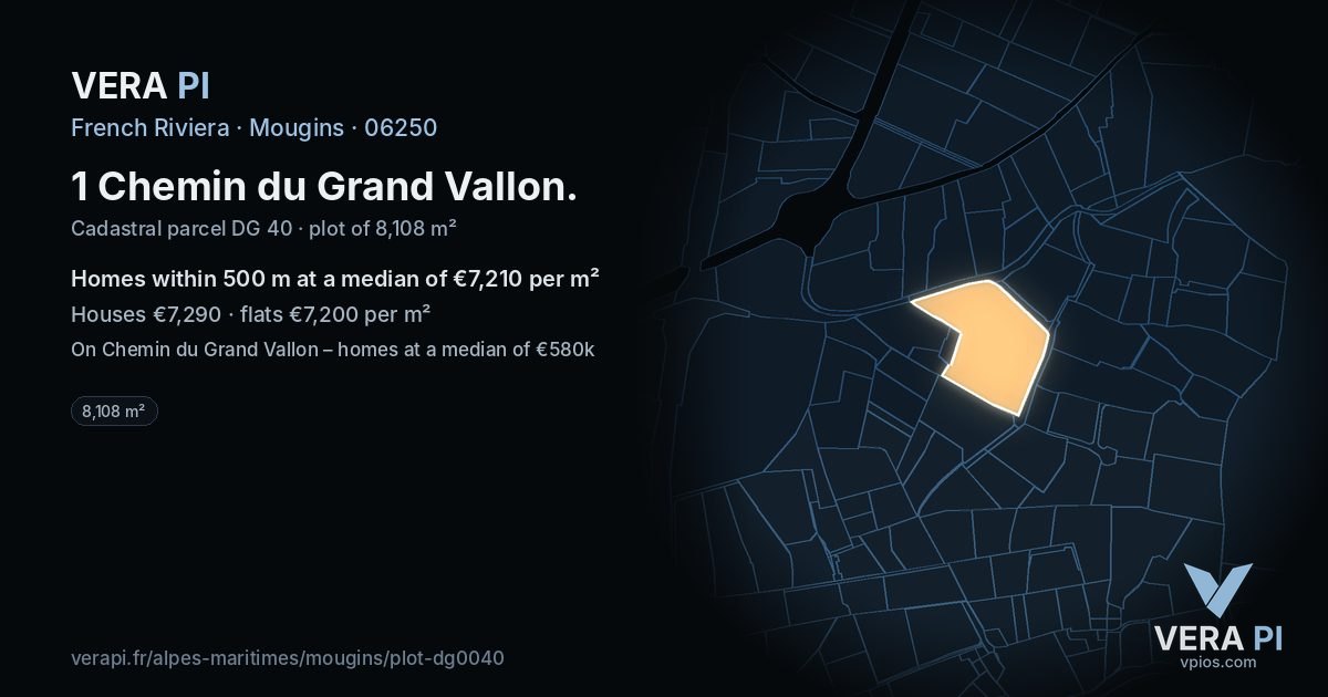 1 Chemin du Grand Vallon, Mougins at night – the plot lit, the parcels around coloured by the prices near them