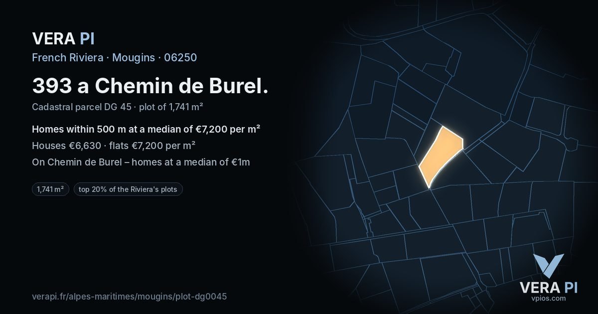 393 a Chemin de Burel, Mougins at night – the plot lit, the parcels around coloured by the prices near them