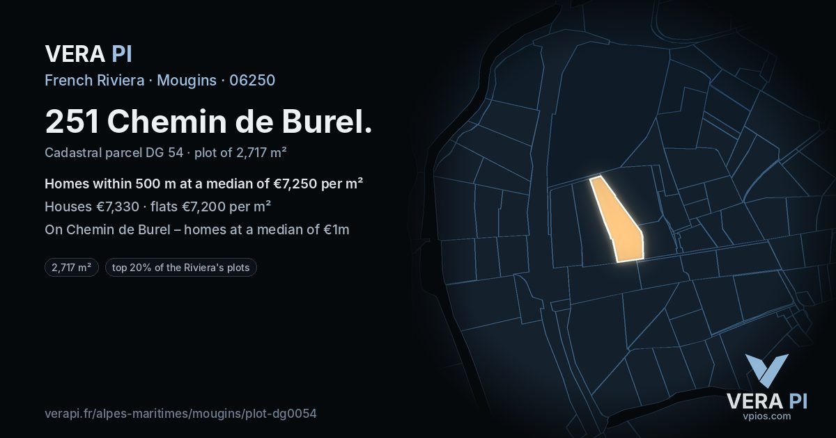 251 Chemin de Burel, Mougins at night – the plot lit, the parcels around coloured by the prices near them