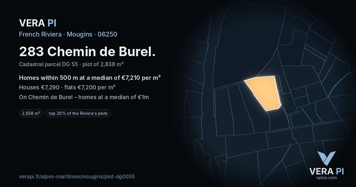 283 Chemin de Burel, Mougins at night – the plot lit, the parcels around coloured by the prices near them
