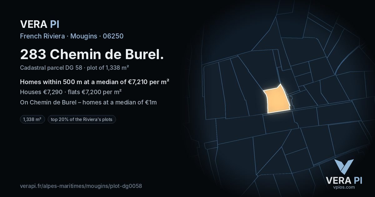 283 Chemin de Burel, Mougins at night – the plot lit, the parcels around coloured by the prices near them
