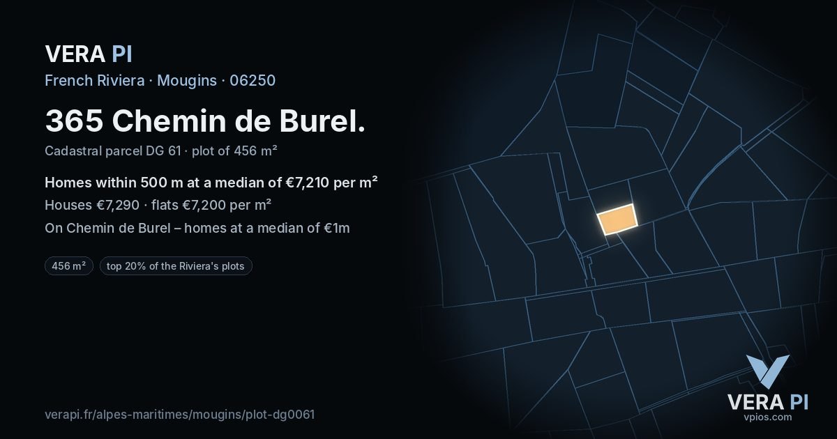 365 Chemin de Burel, Mougins at night – the plot lit, the parcels around coloured by the prices near them